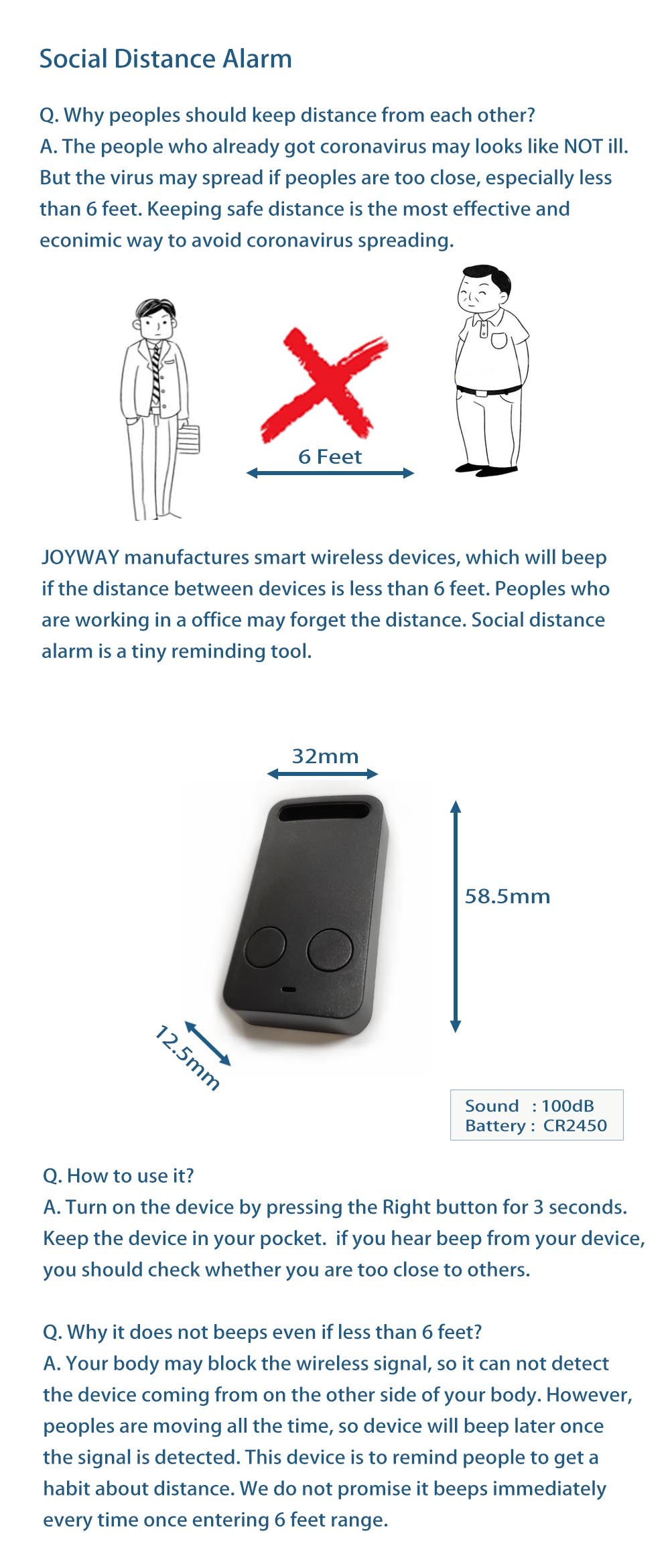 Social Distance Alarm（社交距离警报器）,JW1300,32x58.5x12.5mm,Black