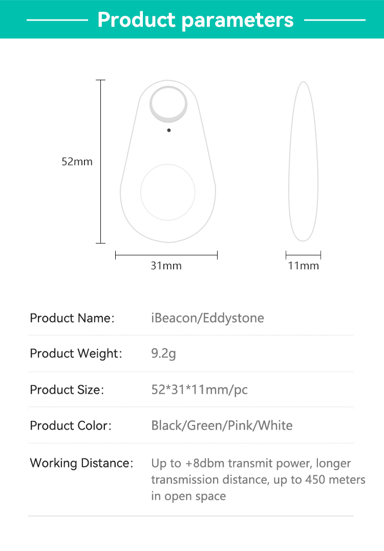 iBeacon/Eddystone/BLE5.1,JW1404B,52*31*11mm/pc,White/Black/Green/Pink