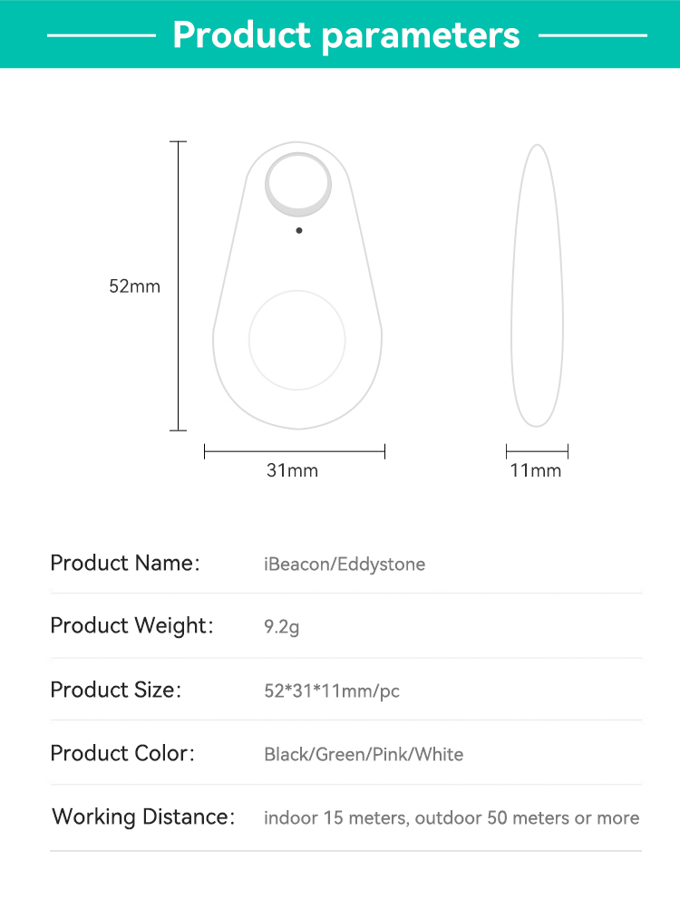 [HOT] iBeacon/Eddystone(BLE4.2),JW1404BV106,BLE4.2, 52*31*11mm/pc,White/Black/Green/Pink